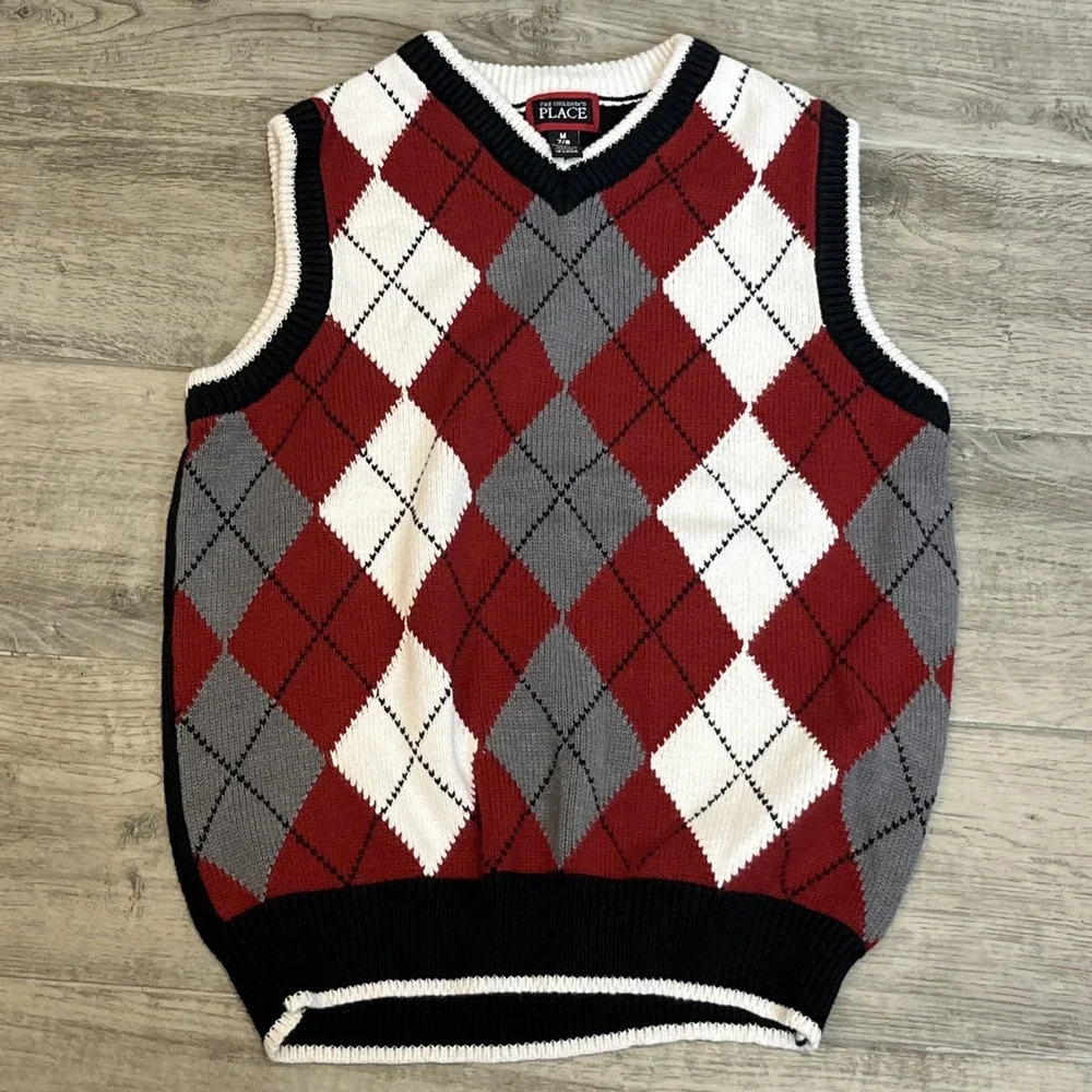 The Children's Place Argyle Vest Boys Size M 7/8 Navy Blue, Red, White